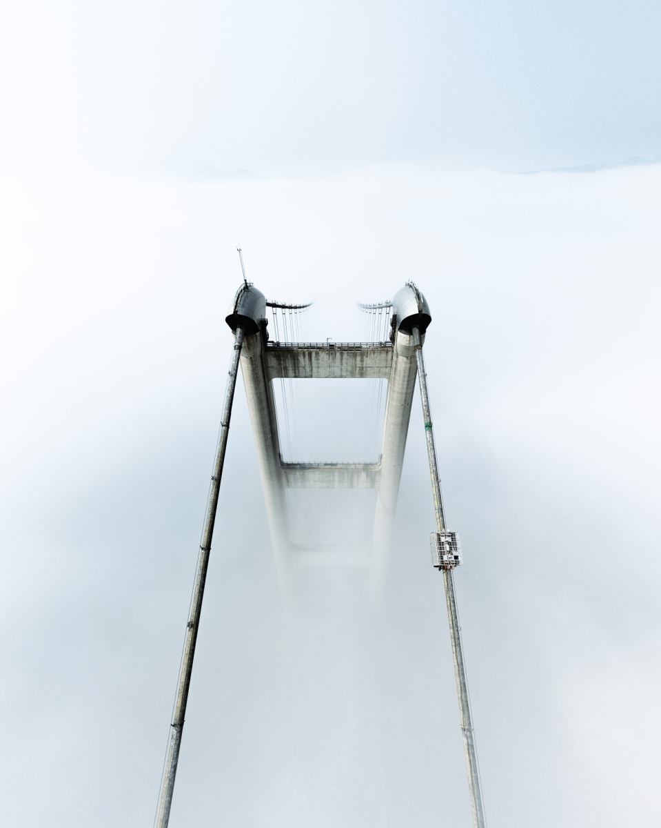 Majestic Tsing Ma Bridge in the Seafog