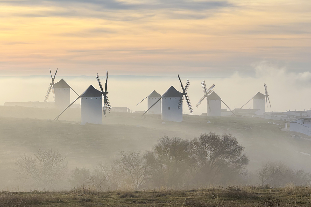 Windmills in the fog