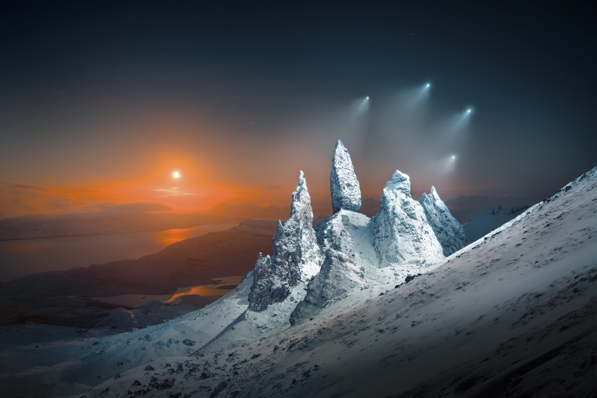 Moonrise Sprites Over Storr