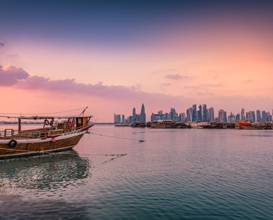 Traditional dhow in the harbor at West Bay, Doha - Qatar 